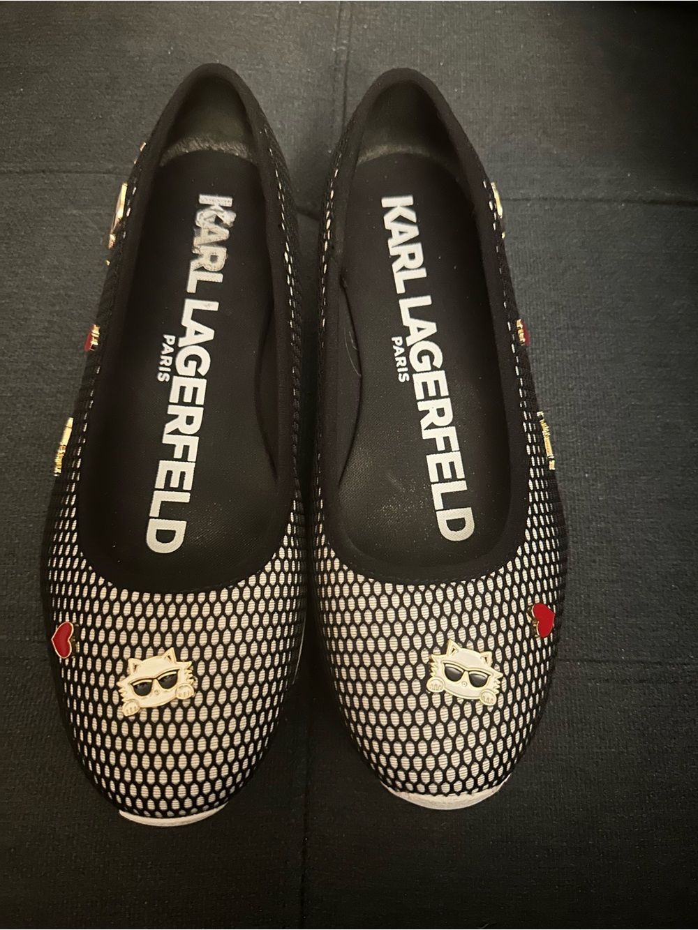 Karl Lagerfeld Black & White Mesh Slip-On Loafers with Icon Studs